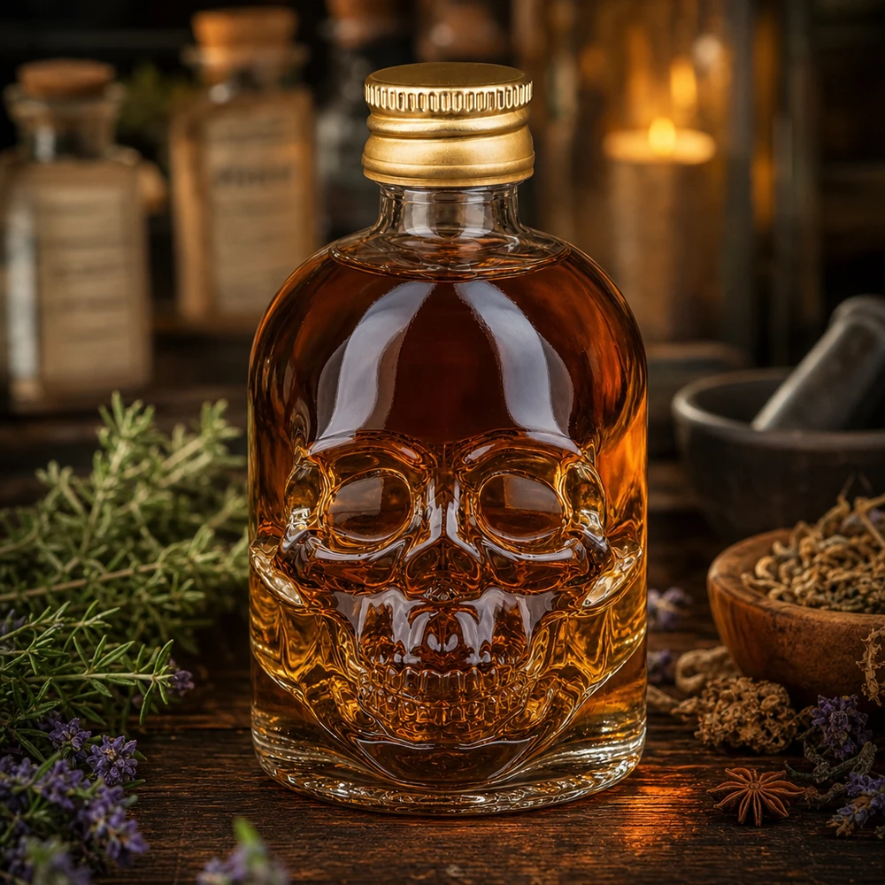 50 ml glasflaska Hector och skruvkork guld UNiTWIST® 50 ml glasflaska Hector dödskalle design med örter kryddor och apoteksliknande omgivande belysning