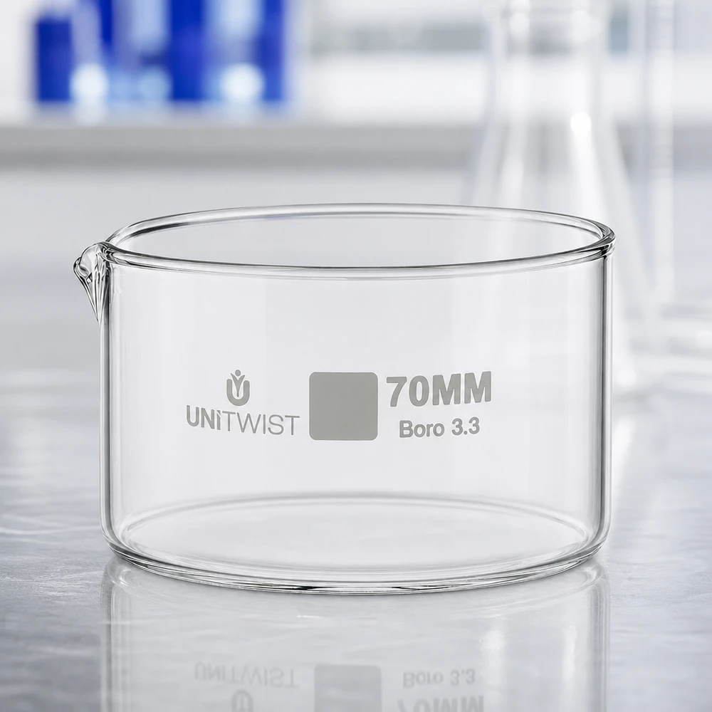 Kristallisationskärl ø70 mm, borosilikatglas UNiTWIST Tom kristalliseringsskål 70 mm UNiTWIST, klart borosilikatglas 3.3 med uthällningspip, laboratoriemiljö