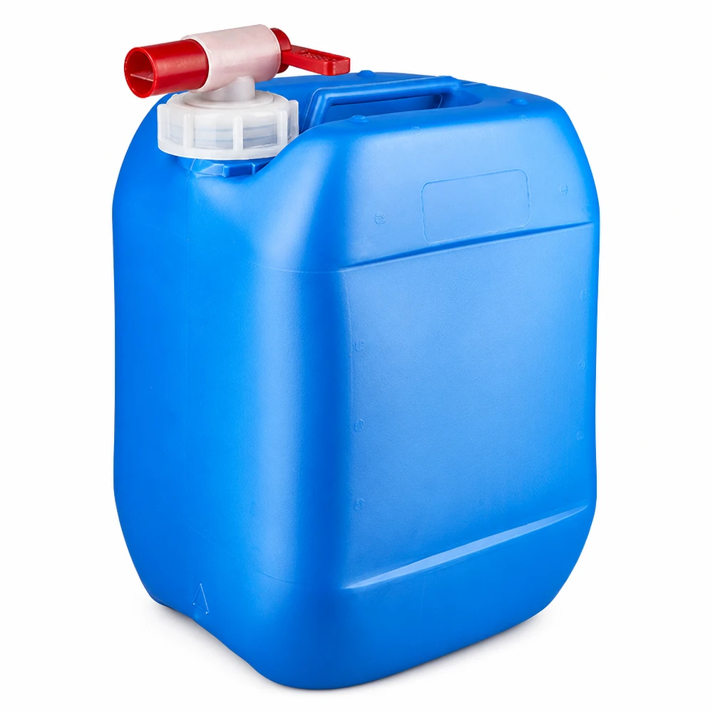 Blå 10-liters plastdunk med röd utloppskran och vitt skruvlock