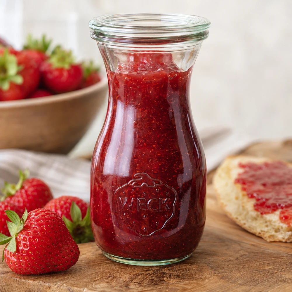 WECK juiceflaska 290ml RR60 fylld med röd jordgubbssylt bredvid färska jordgubbar och bröd på en träbräda