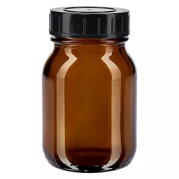 75ml flaska med bred hals, bärnstensfärgat glas med skruvkork 75 ml bredhalsad flaska av bärnstensfärgat glas med svart skruvlock för säkert skydd av innehållet