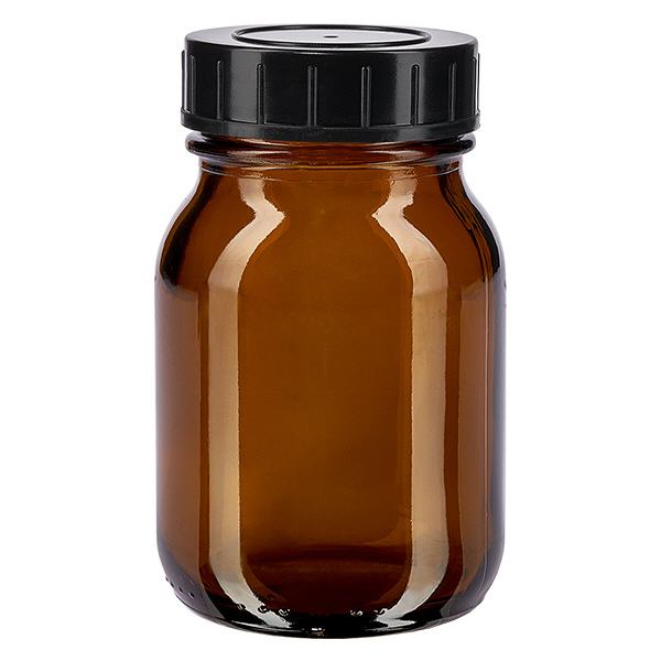 75ml flaska med bred hals, bärnstensfärgat glas med skruvkork 75 ml bredhalsad flaska av bärnstensfärgat glas med svart skruvlock för säkert skydd av innehållet