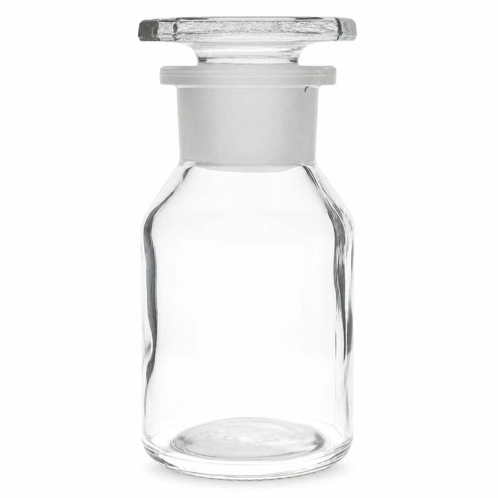Branthalsad flaska 50ml klar glaspropp med bred hals Bredhalsad flaska med brant bröst, 50 ml, transparent, med inslipad glaspropp för laboratoriekemikalier