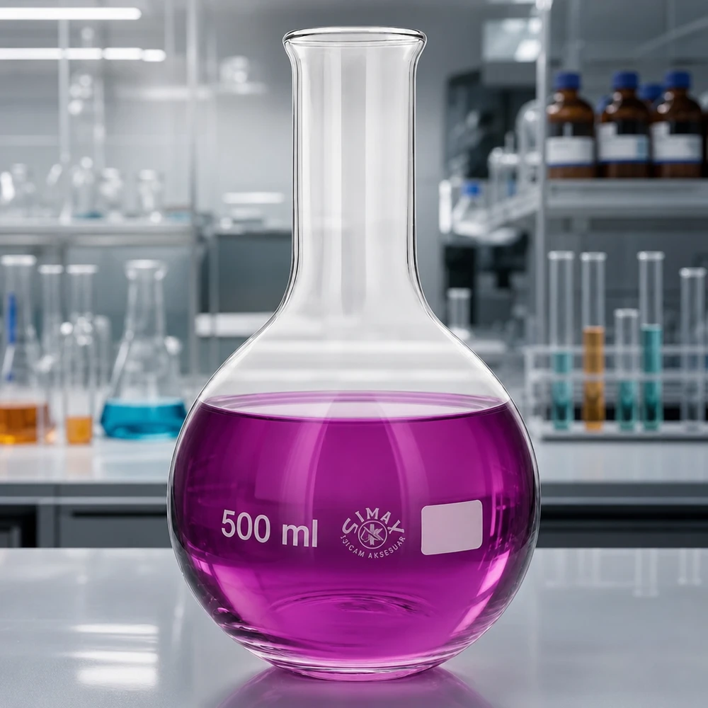 Stående kolv 500ml smal hals Stående kolv 500ml smalhals med violett vätska i en modern laboratoriemiljö