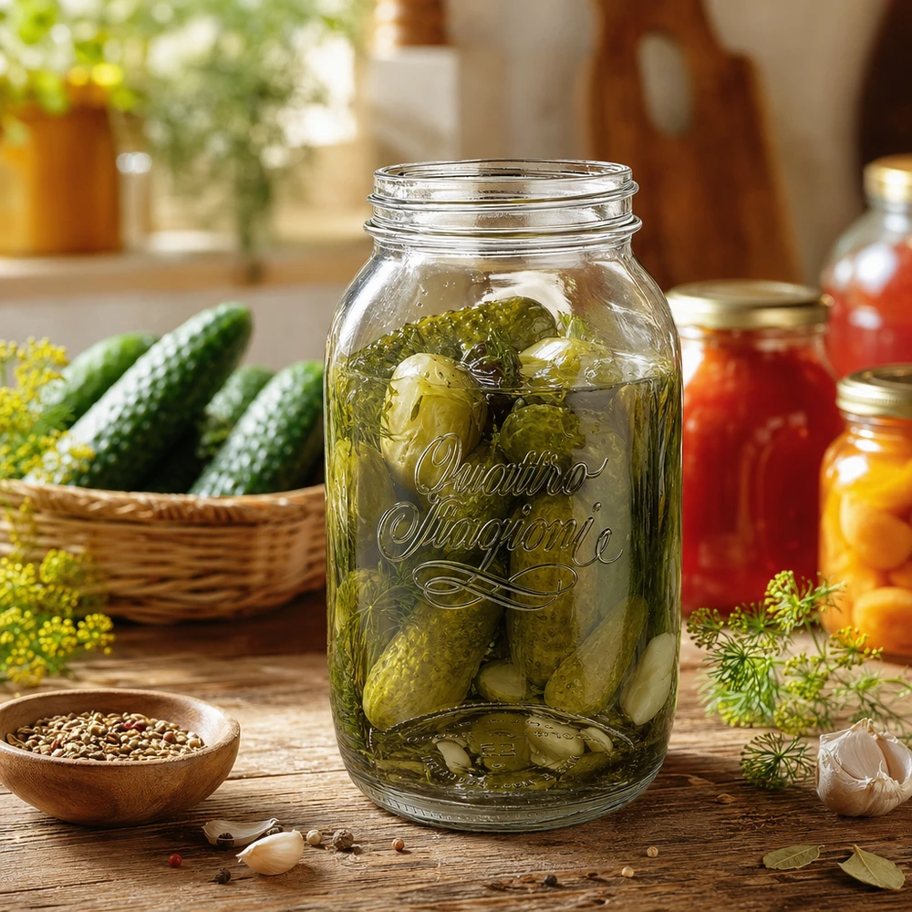1500 ml Quattro Stagioni hushållsburk fylld med inlagda gurkor på ett träbord med färska ingredienser