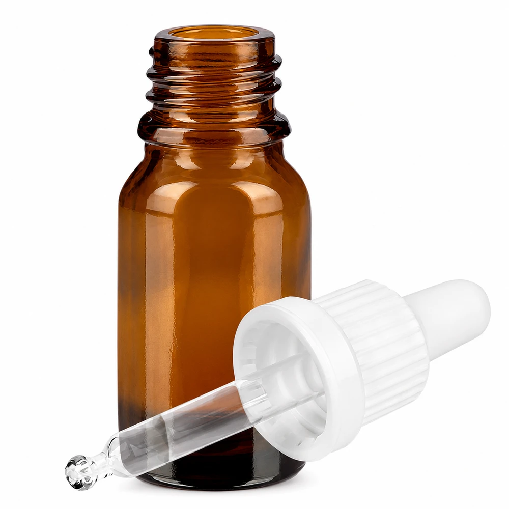 10 ml pipettflaska vit med säkerhetsförslutning BrownLine UT18/10 Brun 10 ml glasflaska med pipett och vitt lock för laboratorie- och kosmetisk användning