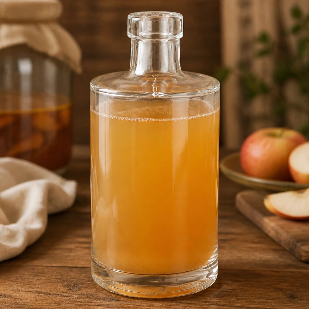 350 ml glasflaska Marie fylld med äppeljuice rustikt dekorerad färska äpplen träbord naturlighet Bild 8 av 10