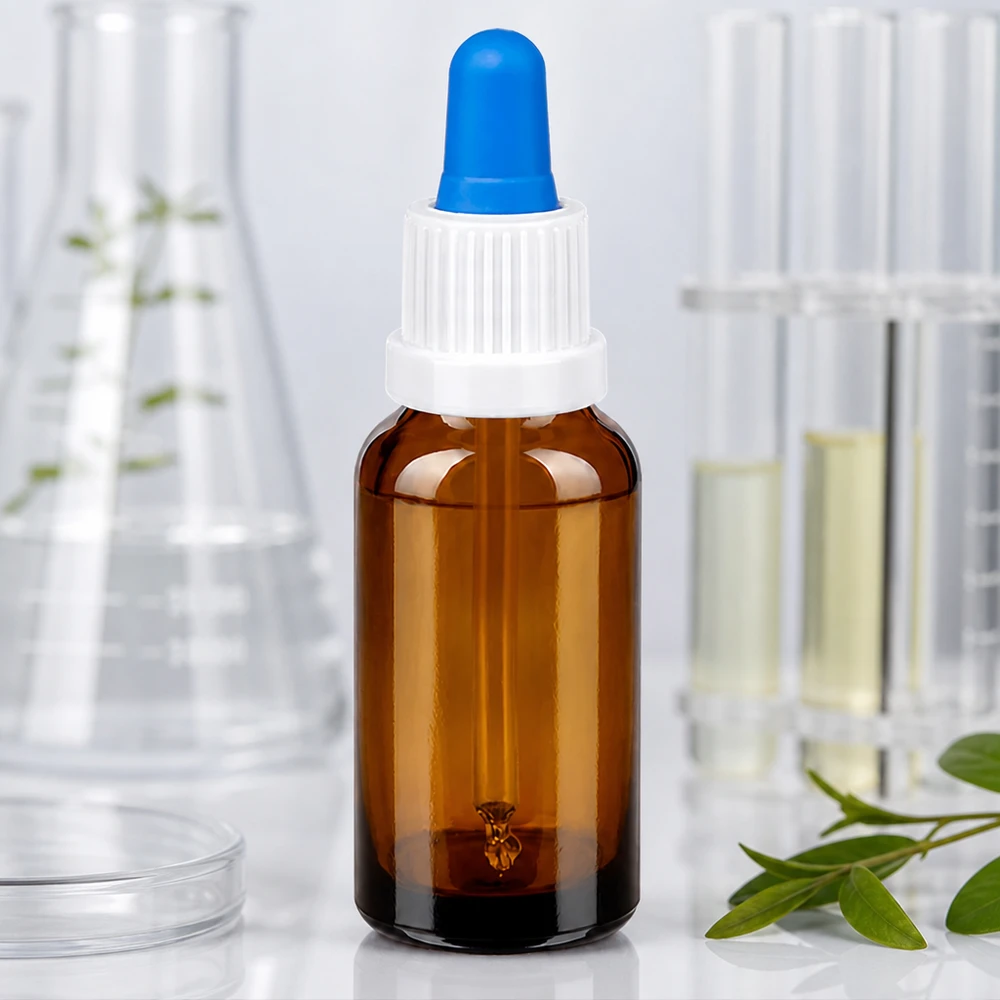20 ml pipettflaska vit/blå med säkerhetsförslutning BrownLine UT18/20 Kompakt 20 ml pipettflaska tillverkad av UV-skyddande bärnstensfärgat glas för optimal produktkonservering
