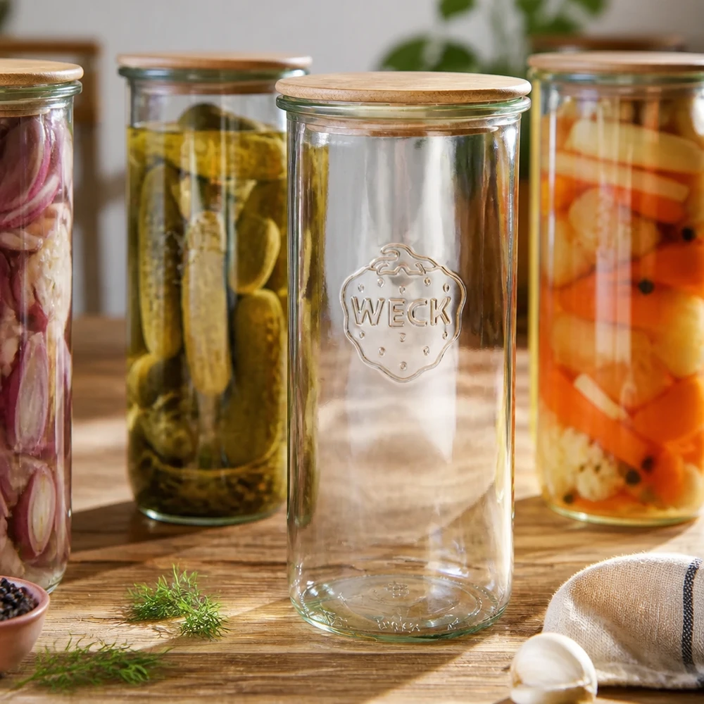 WECK RR100 1500ml glasburk med trälock mellan inlagda grönsaker på ett träbord rustik köksscen