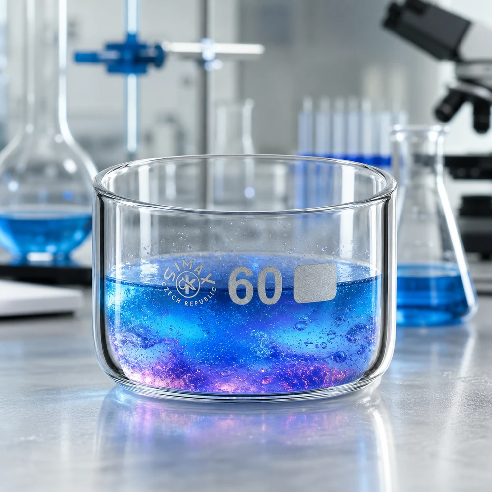 60ml kristalliseringsskål utan pip borosilikat ø60mm Kristallisationsskål, diameter 60 mm, 60 ml, med violettblå reaktionsvätska på laboratoriebordet