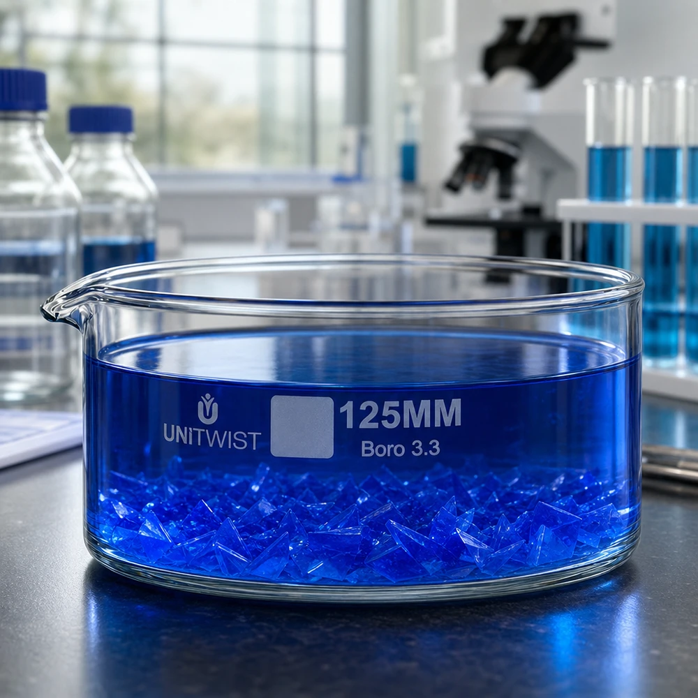 Kristallisationskärl ø125 mm, borosilikatglas UNiTWIST Kristallisationsskål 125 mm UNiTWIST Boro 3.3 med blå kristaller i blå lösning – laboratoriebild