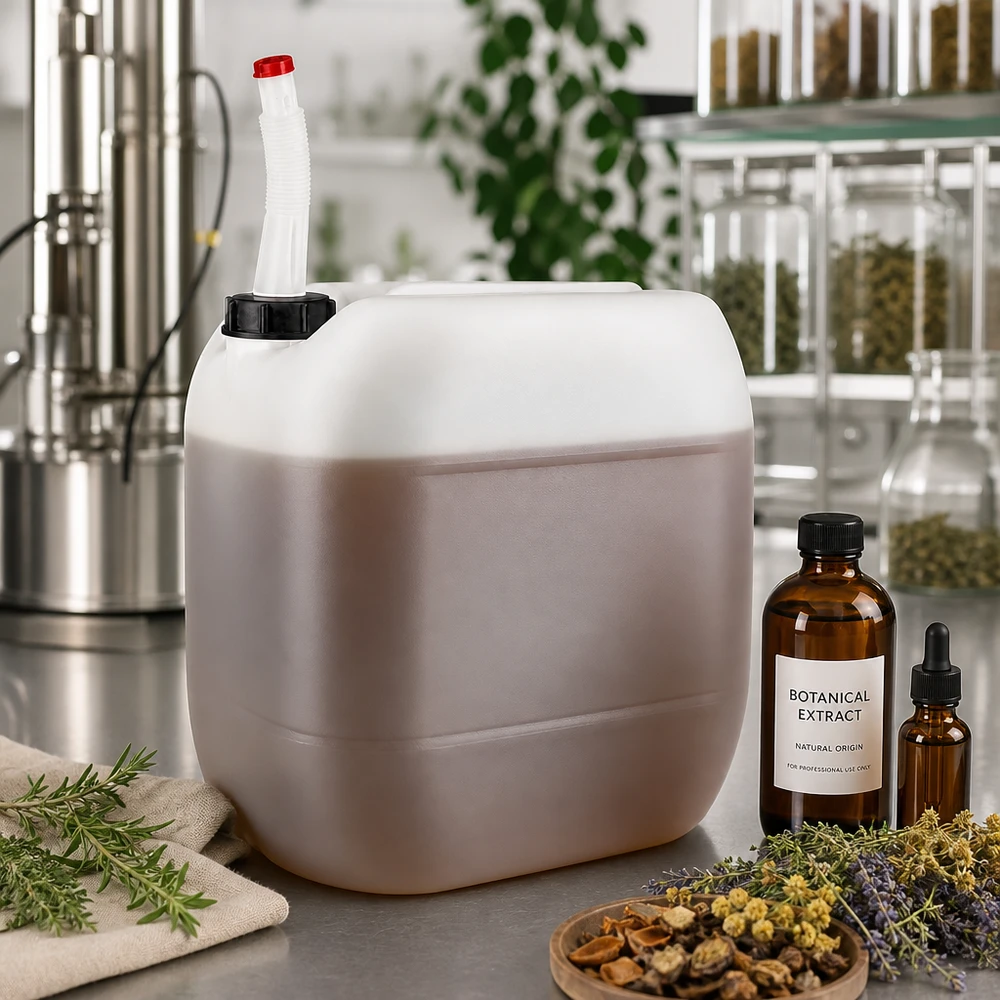 Botaniskt extrakt i 30-litersdunk med flexibelt utloppsrör för tillverkning av naturkosmetika