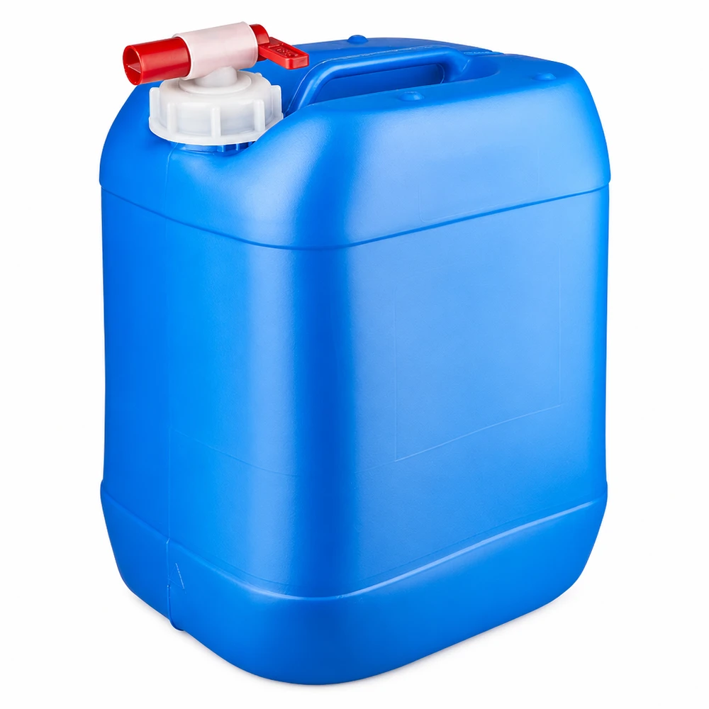 Dunk 20 liter blå med avtappningskran Blå plastdunk på 20 liter med röd utloppskran och vitt skruvlock
