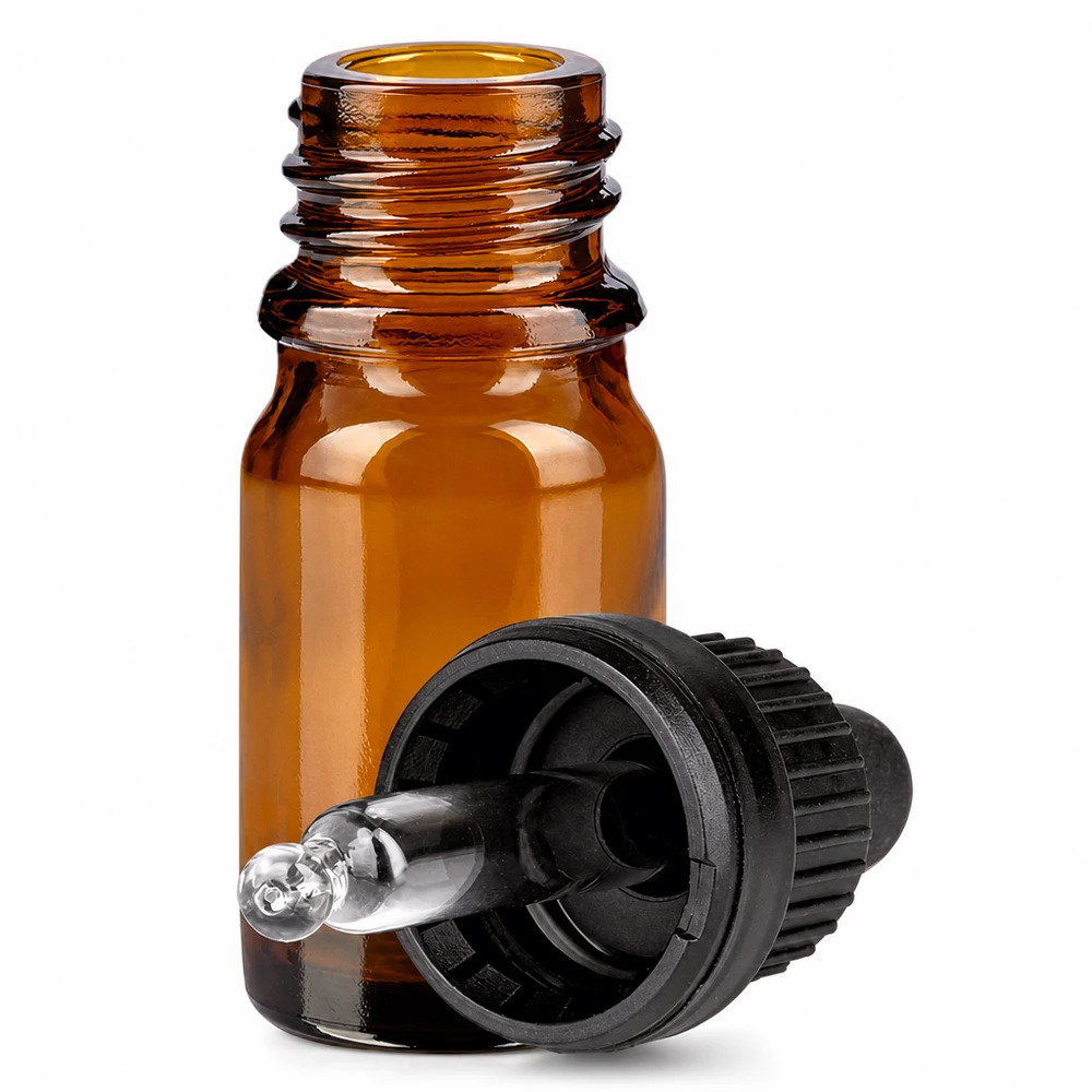 5 ml pipettflaska i bärnstensfärgat glas med droppare för eteriska oljor och tinkturer
