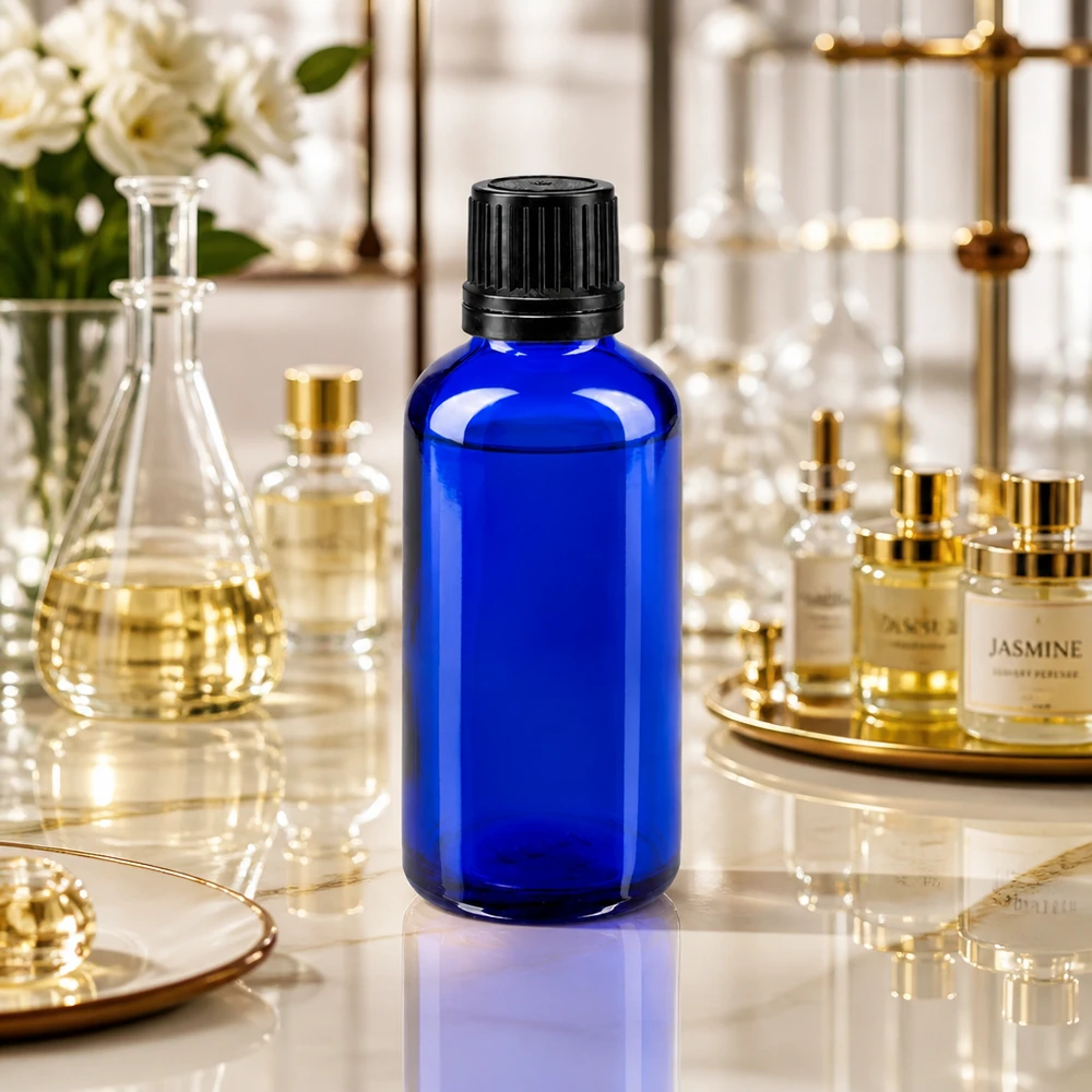 Apoteksflaska blå 50ml skruvkork svart hällring manipuleringssäker förslutning Blå 50 ml apoteksflaska med svart OV-lock framför en jasminparfym i en laboratoriemiljö