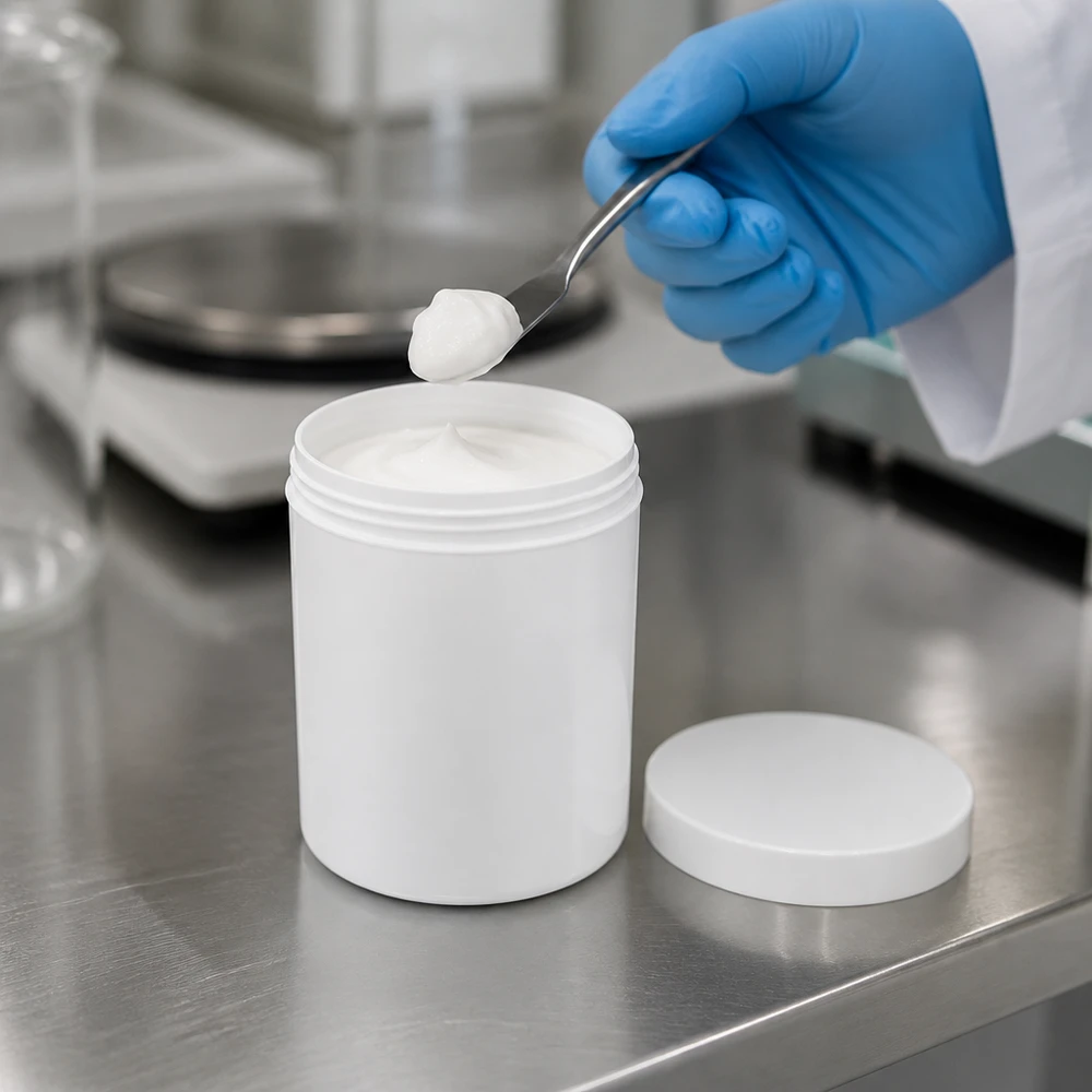 En laboratorieassistent tar ut vit kräm ur en 100 g PP-salvburk med skruvlock