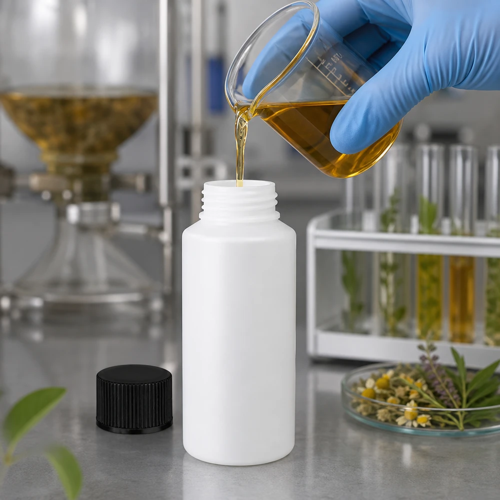 Apoteksflaska HDPE 30ml vit, med svart skruvlock Den gyllene oljan fylls på i en vit 30 ml HDPE-apotekflaska med svart skruvlock