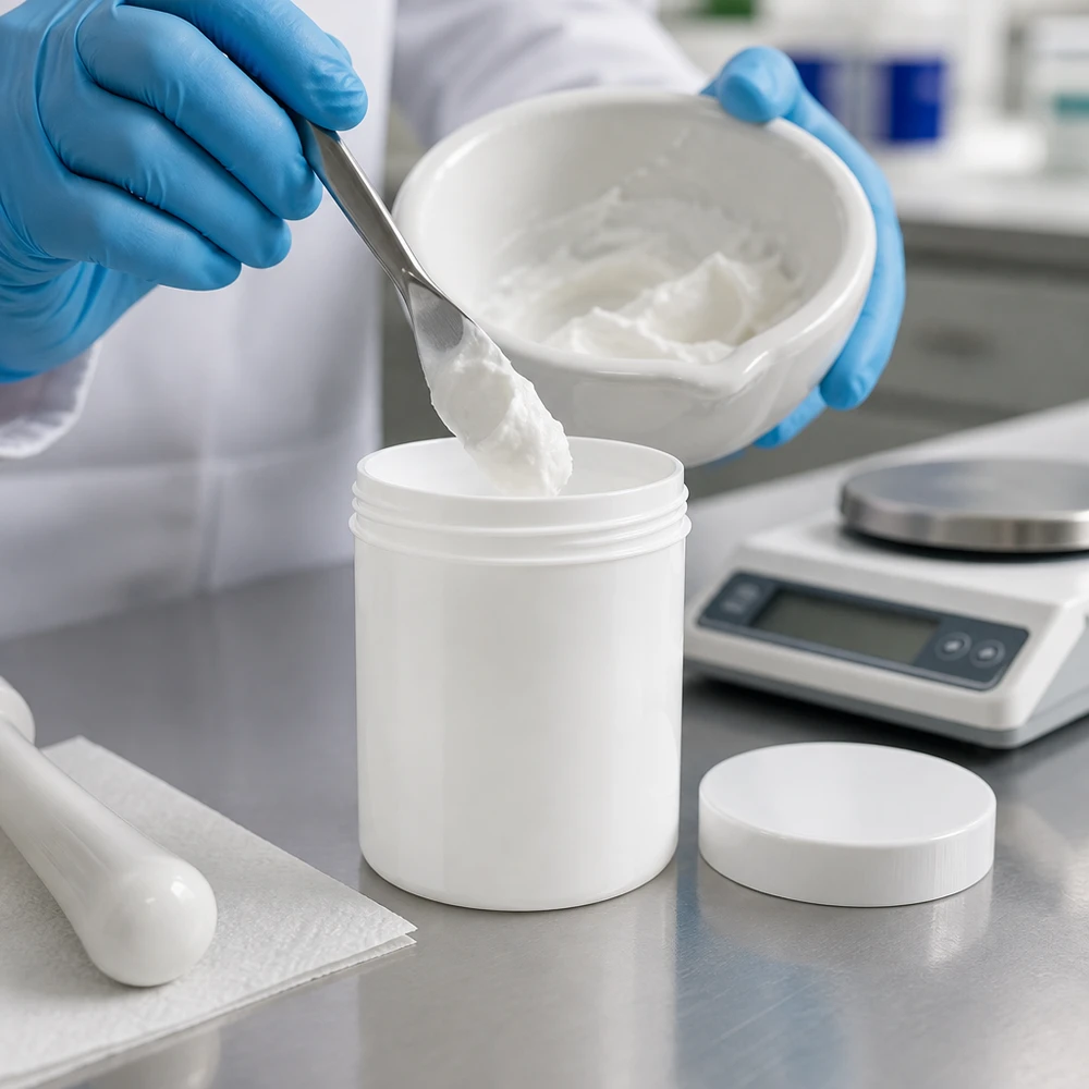 Vit PP-salvburk på 20 g fylls med farmaceutisk kräm på ett bord av rostfritt stål
