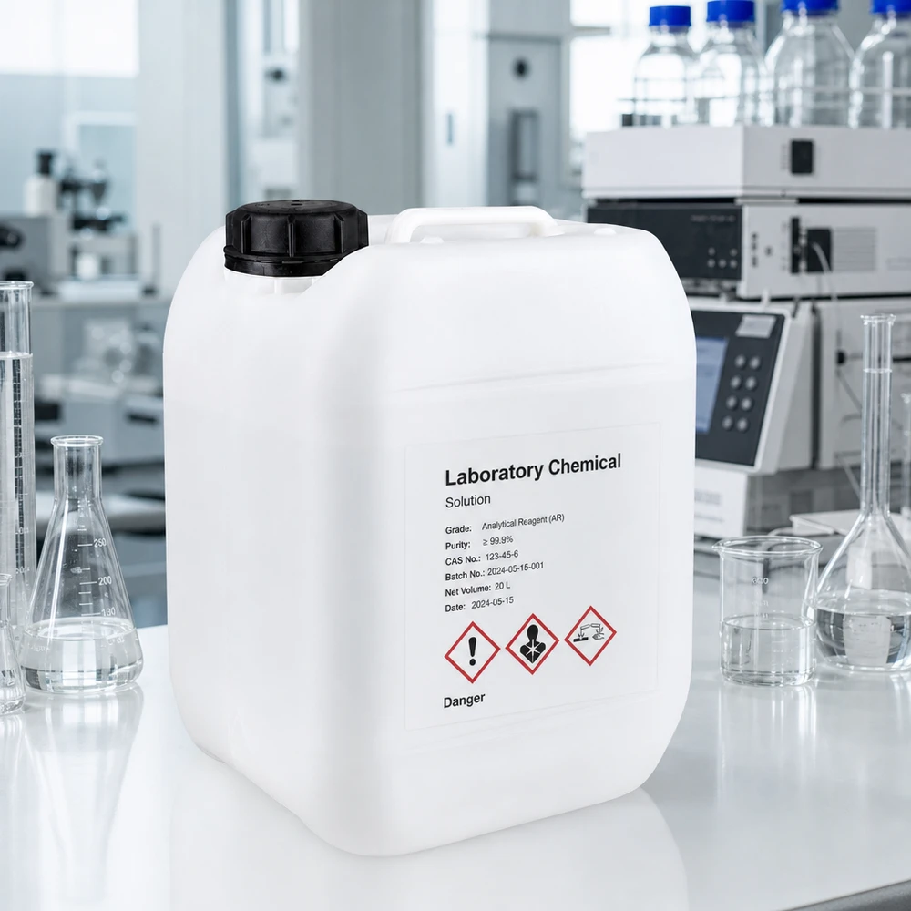 Rektangulär laboratoriebehållare på 5 liter med GHS-farosymboler och märkning för analysreagenser