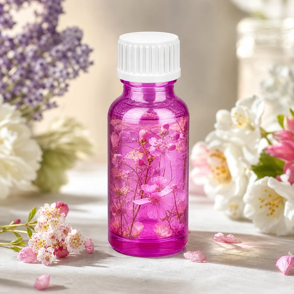 20ml (globule) flaska 3mm hällring vit standard PurpleLine.UT18/20 Högkvalitativ 20 ml glasflaska i lysande violett med räfflat skruvlock för säker förvaring