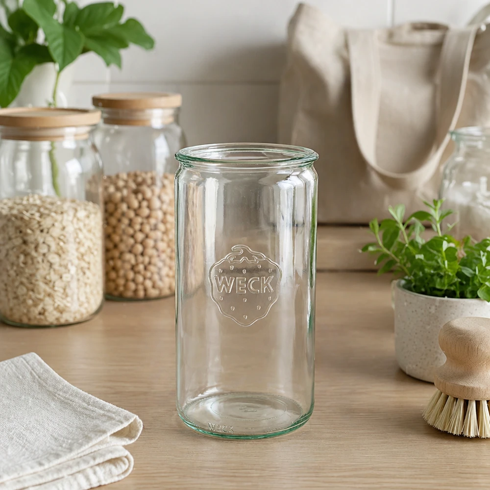 1590 ml cylindrisk glasburk WECK RR100 WECK cylinderburk 1590ml RR100 transparent i hållbart zero-waste kök med förvaringsburkar och naturmaterial