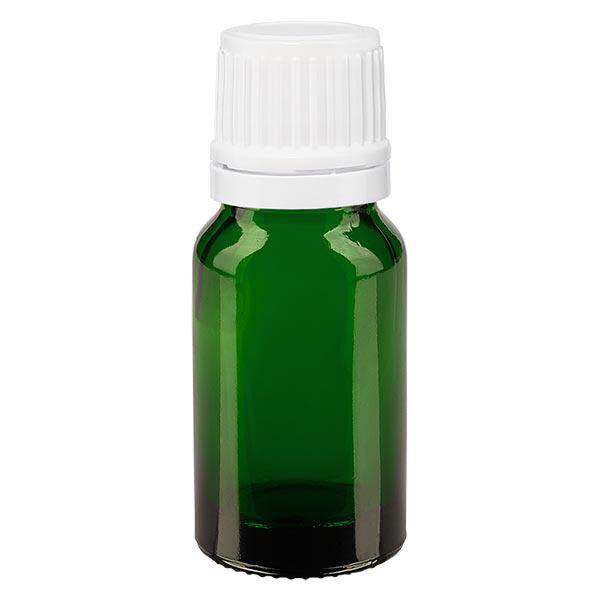 Apoteksflaska grön 10ml skruvkork vit med säkerhetsförslutning Apoteksflaska grön 10ml skruvkork vit med säkerhetsförslutning