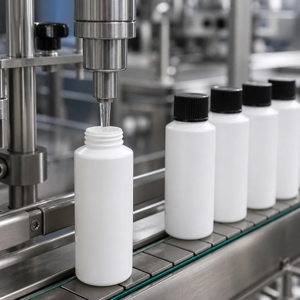 Apoteksflaska HDPE 30ml vit, med svart skruvlock En automatisk fyllningsanläggning fyller vita 30 ml HDPE-apotekflaskor med svarta skruvlock