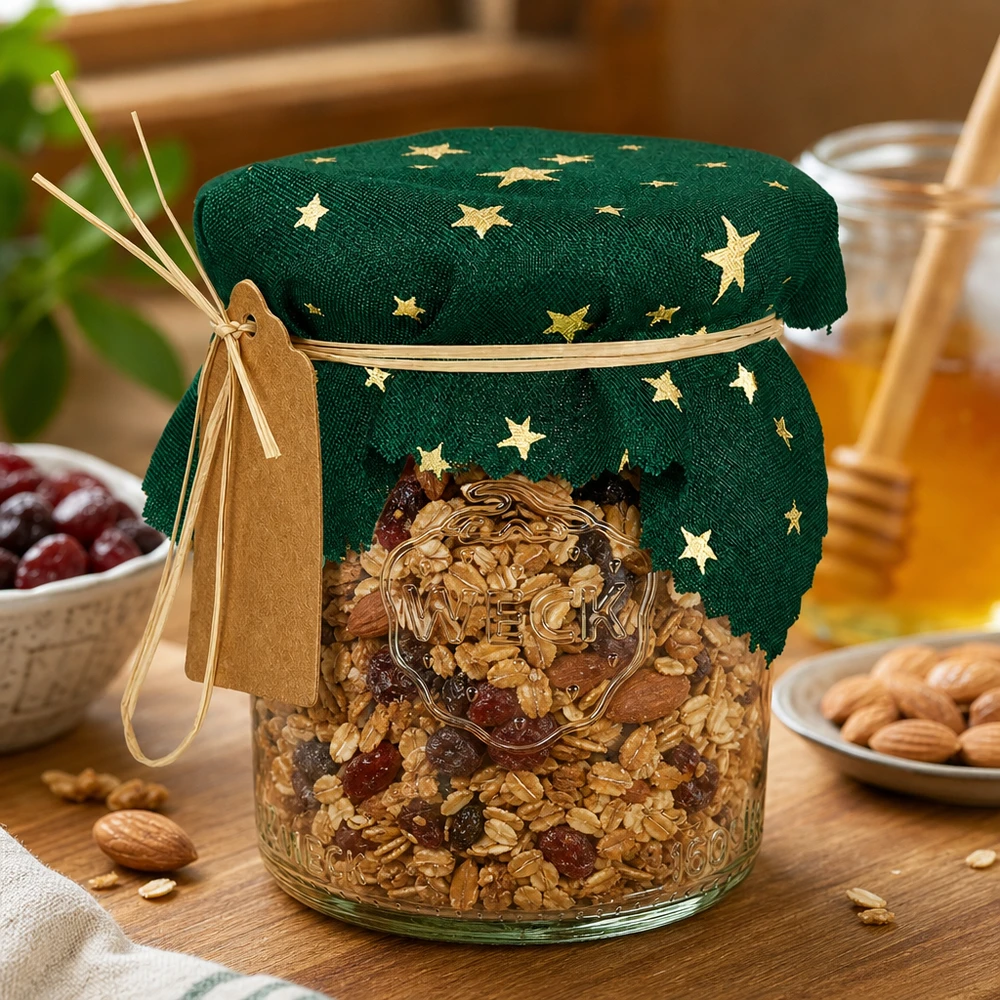 Material smycke servett grön Stjärnor kvadratisk 12 cm Grünes Sterne-Schmuckdeckchen 12cm eckig auf Müsli-Glas mit Nüssen, dekorative Küchenaufbewahrung mit Naturbast