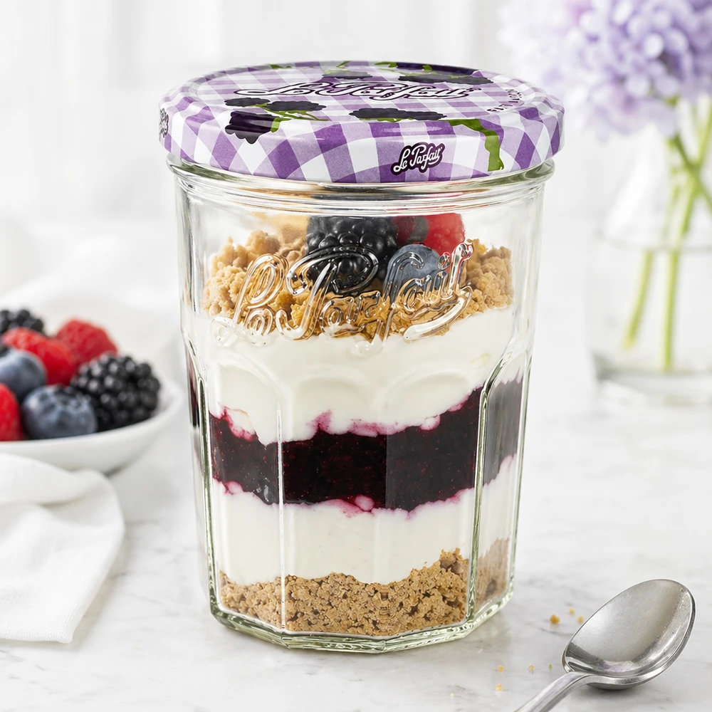 Le Parfait-glas 385 ml fyllda med bärlagrad efterrätt visar mångsidig användning som dessertglas