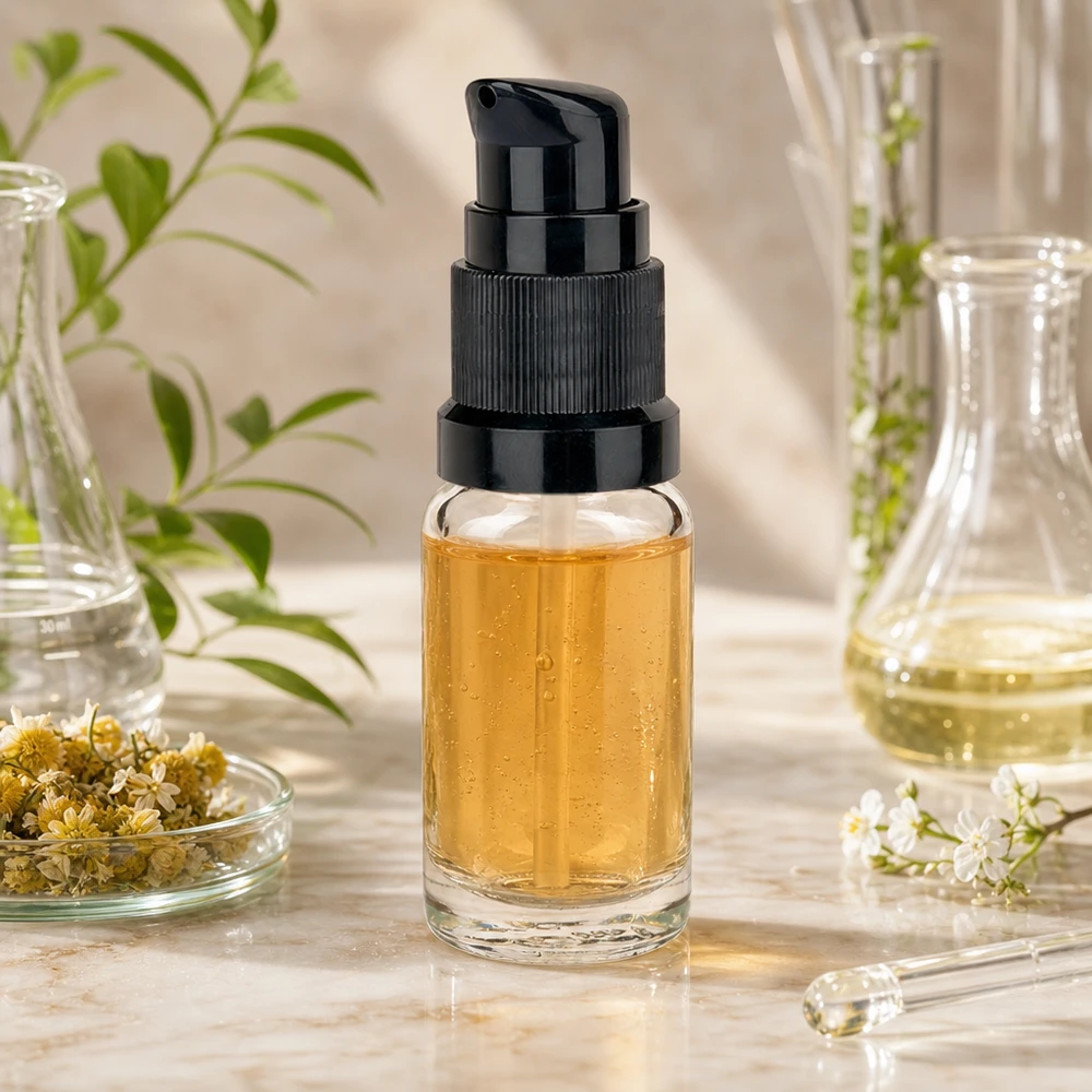 Genomskinlig 10 ml-flaska med svart pump och bärnstensfärgat serum i en laboratoriemiljö