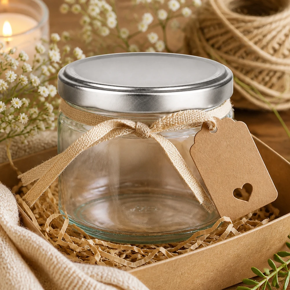 330ml rund burk med BasicSeal-lock silver UNiTWIST 330 ml rund burk med silverfärgat BasicSeal-lock som present dekorerad med rosett och etikett i presentförpackning