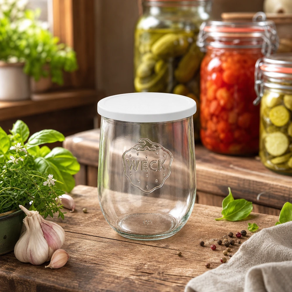 1062ml tulpanburk med färskhetslock WECK RR100 WECK tulpanburk 1062ml i köket med inlagda grönsaker och färska örter dekorativt arrangerade