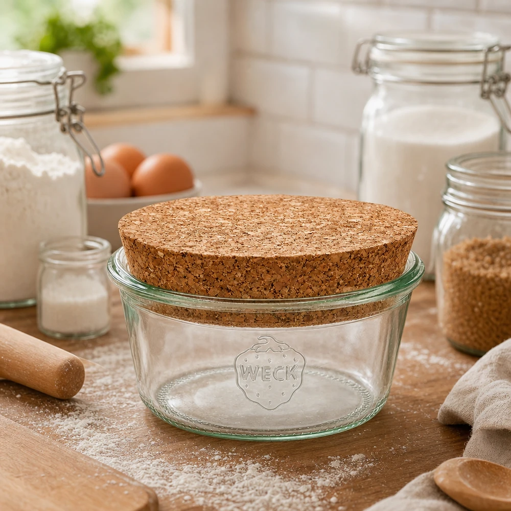 290ml Krossad glasögonburk WECK RR100 med naturkork WECK RR100 tumblers 290ml med korklock i köket mellan mjöl, ägg och förvaringsburkar som baktillbehör