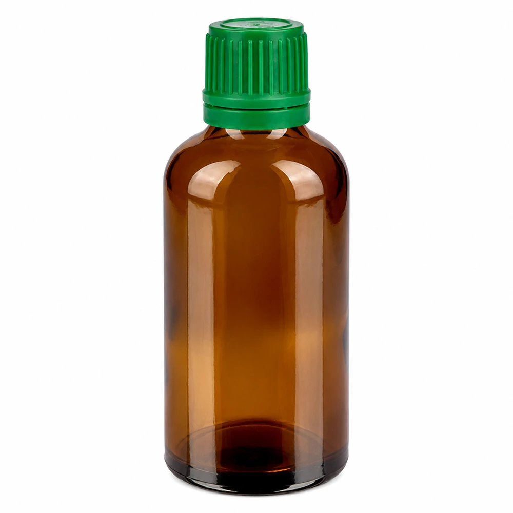 50 ml bärnstensfärgad glasflaska med grönt skruvlock för eteriska oljor och tinkturer