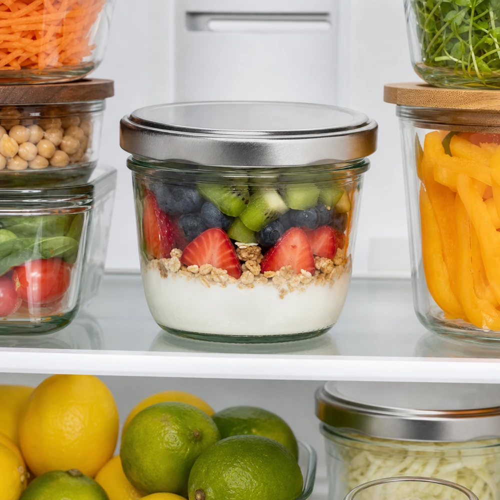 230 ml-glas med silverfärgat BasicSeal-lock praktiskt i kylskåpet med organiserad förvaring av Meal Prep