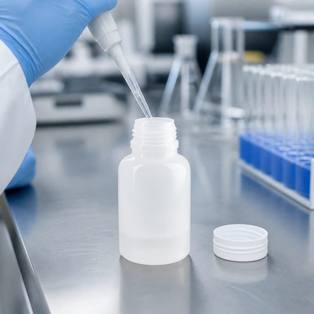 250 ml plastflaskor med vid hals utan lock för exakt pipettering i laboratoriet