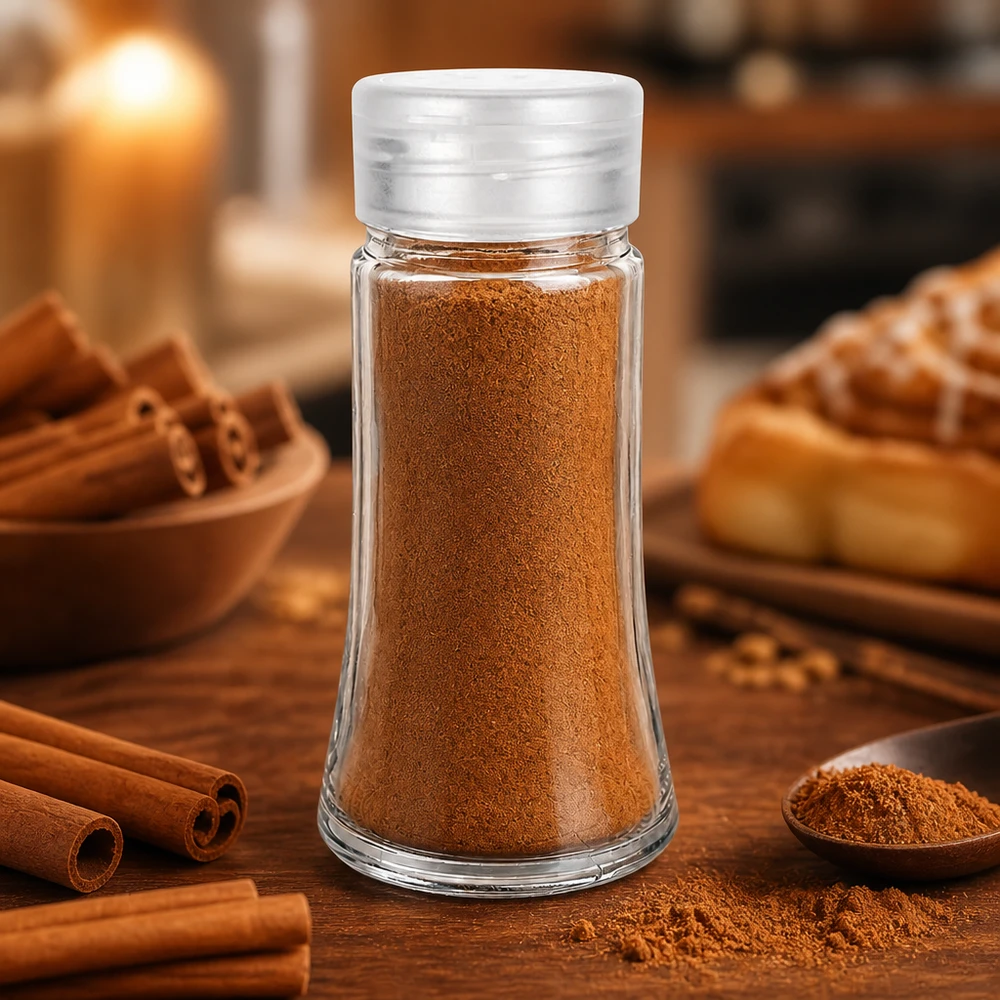 Kanelpulver i ett genomskinligt kryddglas (95 ml) med en vit ströare av plast på ett träbord