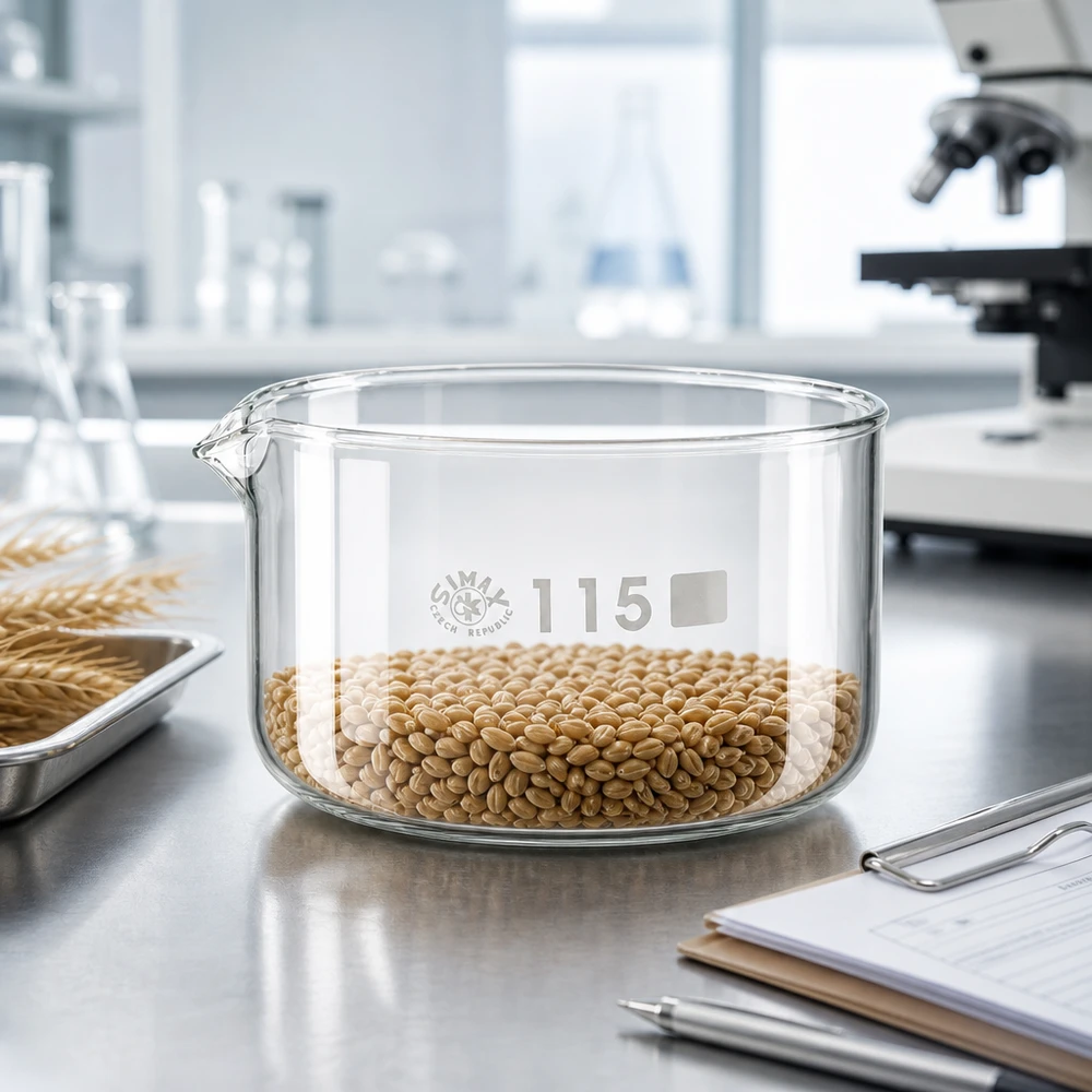 500ml kristalliseringsskål med pip borosilikat ø115mm SIMAX-kristalliseringsskål, 500 ml, fylld med vetekorn, laboratorieanalys, borosilikatglas, ø115 mm