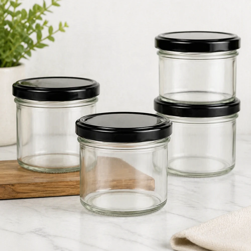Fyra 125 ml-glas med svarta BasicSeal-lock staplade på en träskiva och köksdekoration på marmorbord