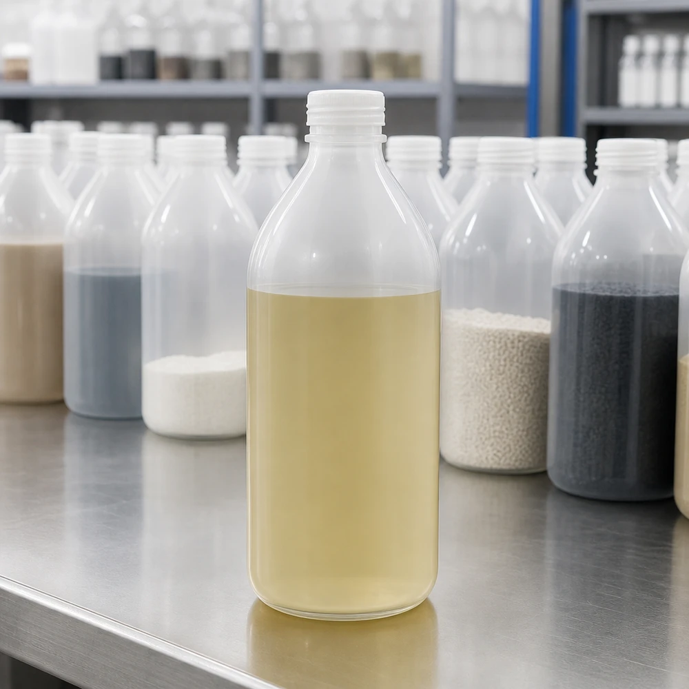 500ml laboratorieflaska med smal hals utan lock 500 ml laboratorieflaska med smal hals utan lock, innehållande en gulaktig vätska på en yta av rostfritt stål