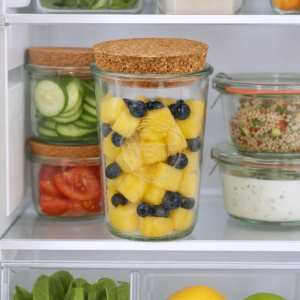 WECK 850ml RR100 förvaringsburk med kork i kylen fylld med ananas och blåbär bland andra förvaringsburkar