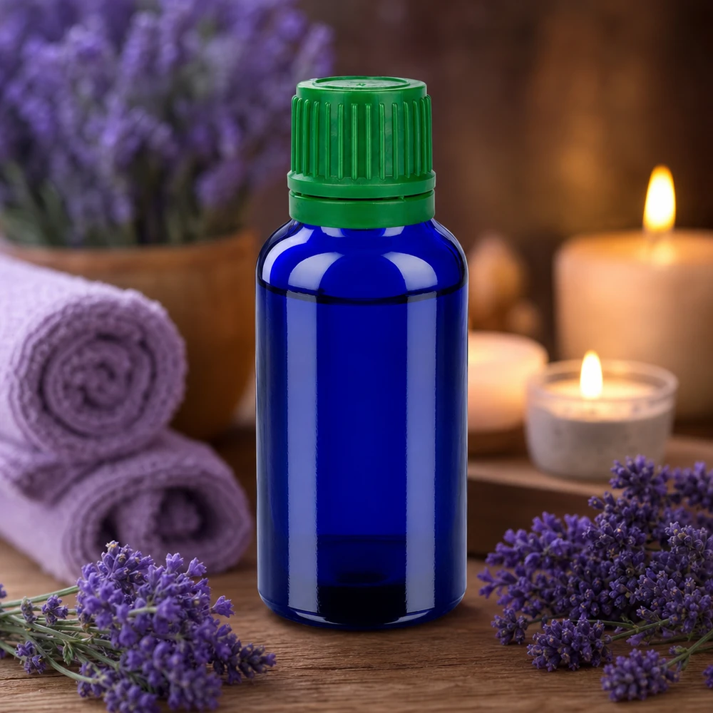 30 ml flaska BlueLine-serien med UT18/30-gänga och barnsäkert SV-lock grön