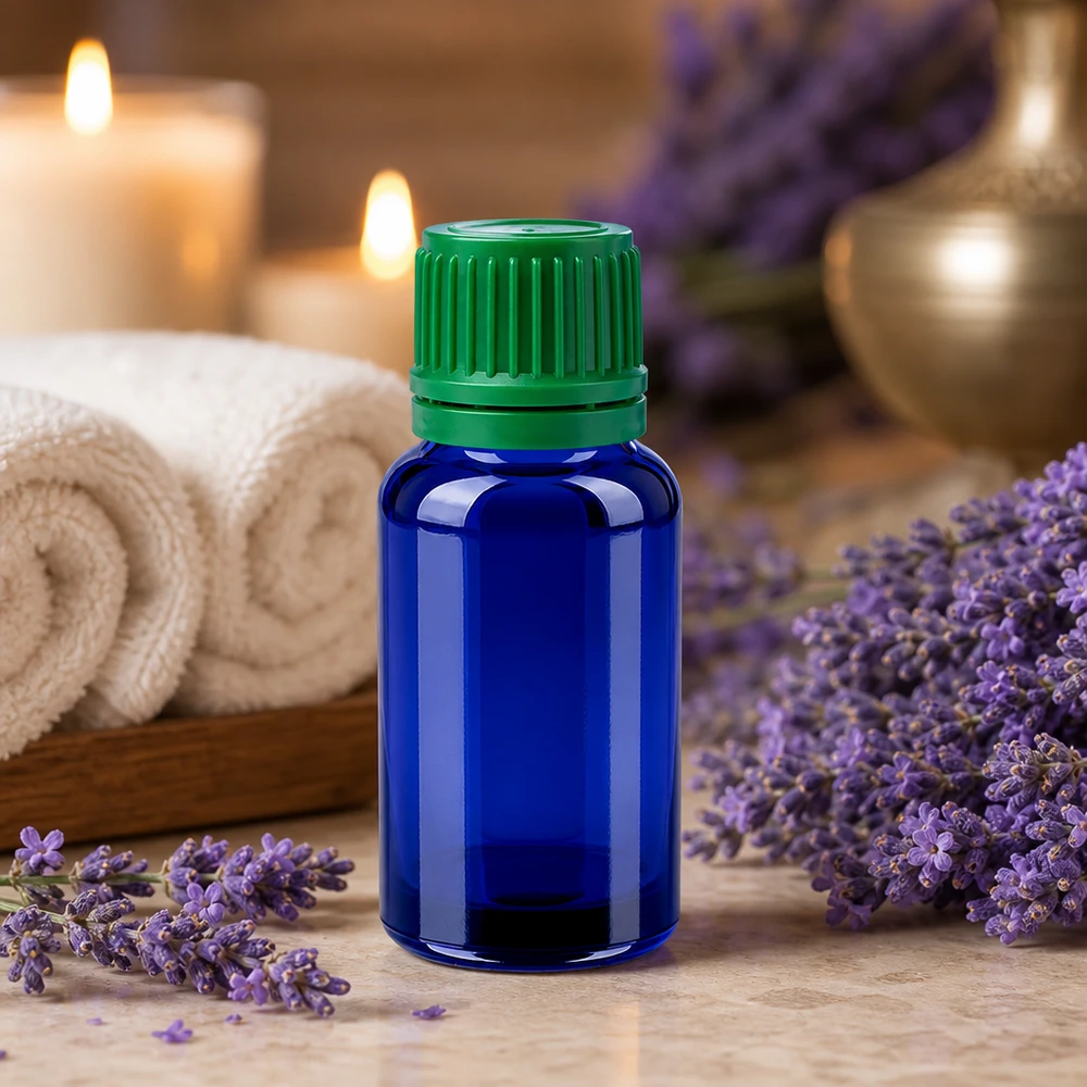 20 ml aromaterapiflaska tillverkad av koboltglas med barnsäkert skruvlock