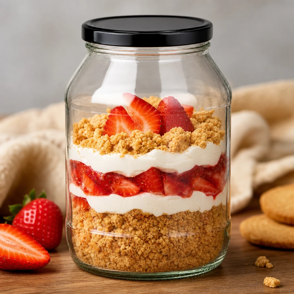 2650ml rund burk med BasicSeal-lock svart UNiTWIST 2650ml Rundglas mit schwarzem Deckel als Dessertglas für Erdbeer-Sahne-Schichtdessert mit Kekskrümeln stylisch präsentie