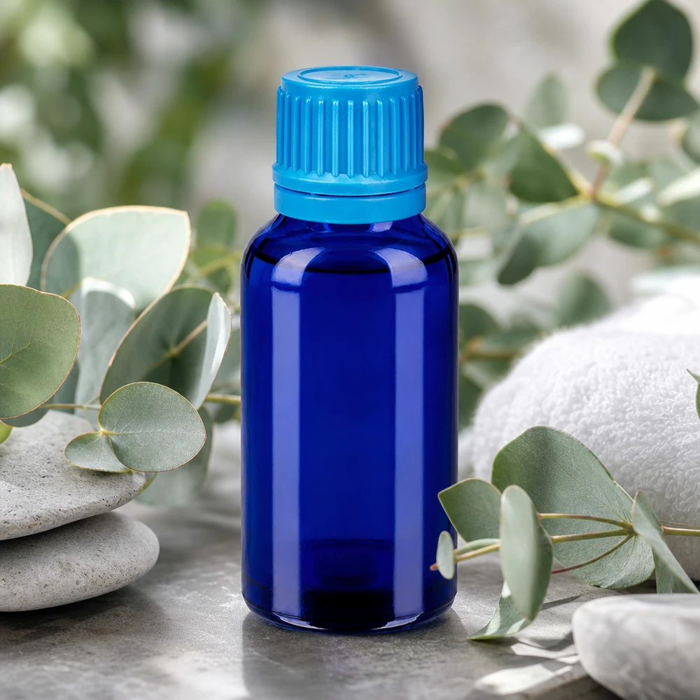 Elegant BlueLine-glasflaska 30 ml med räfflat lock för professionell produktpresentation