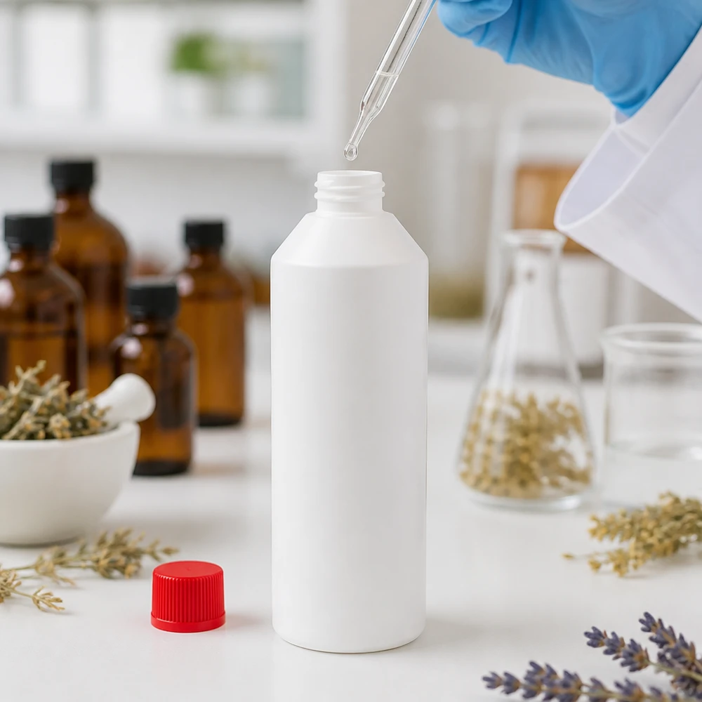 Apoteksflaska HDPE 250ml vit, med rött skruvlock Vit HDPE-apotekflaska på 250 ml med rött skruvlock i en professionell laboratoriemiljö