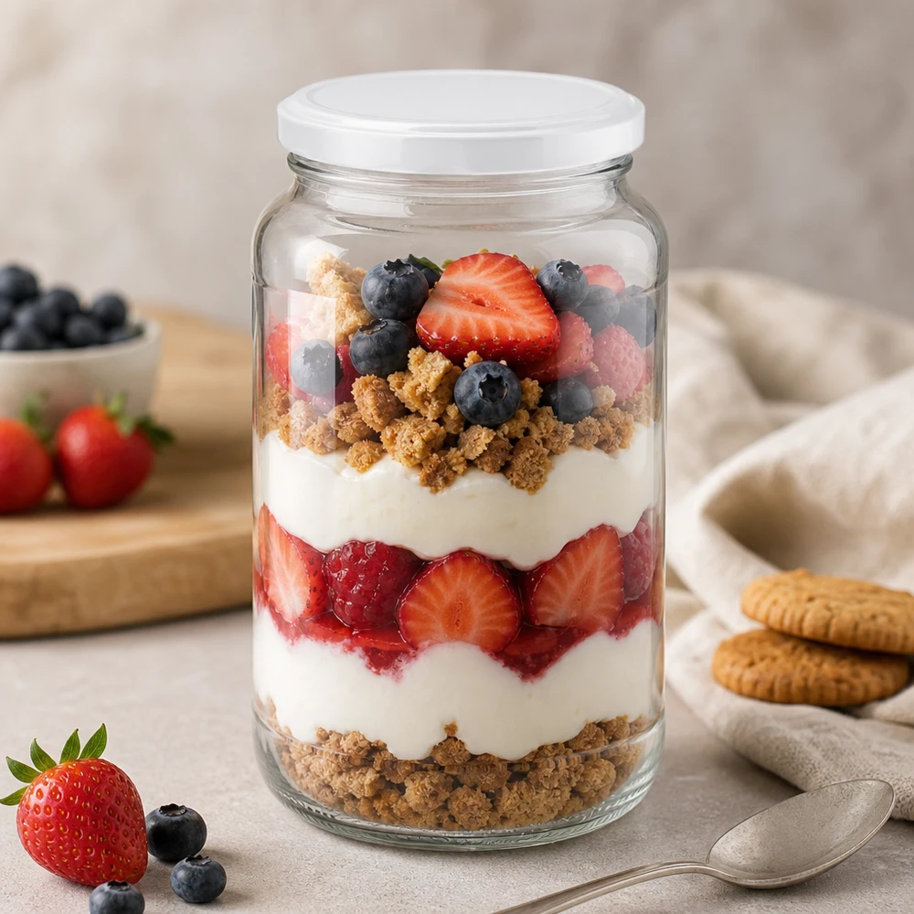 1700 ml rund burk med BasicSeal-lock som dessertburk för bärtrifle fylld med yoghurt och kexsmulor