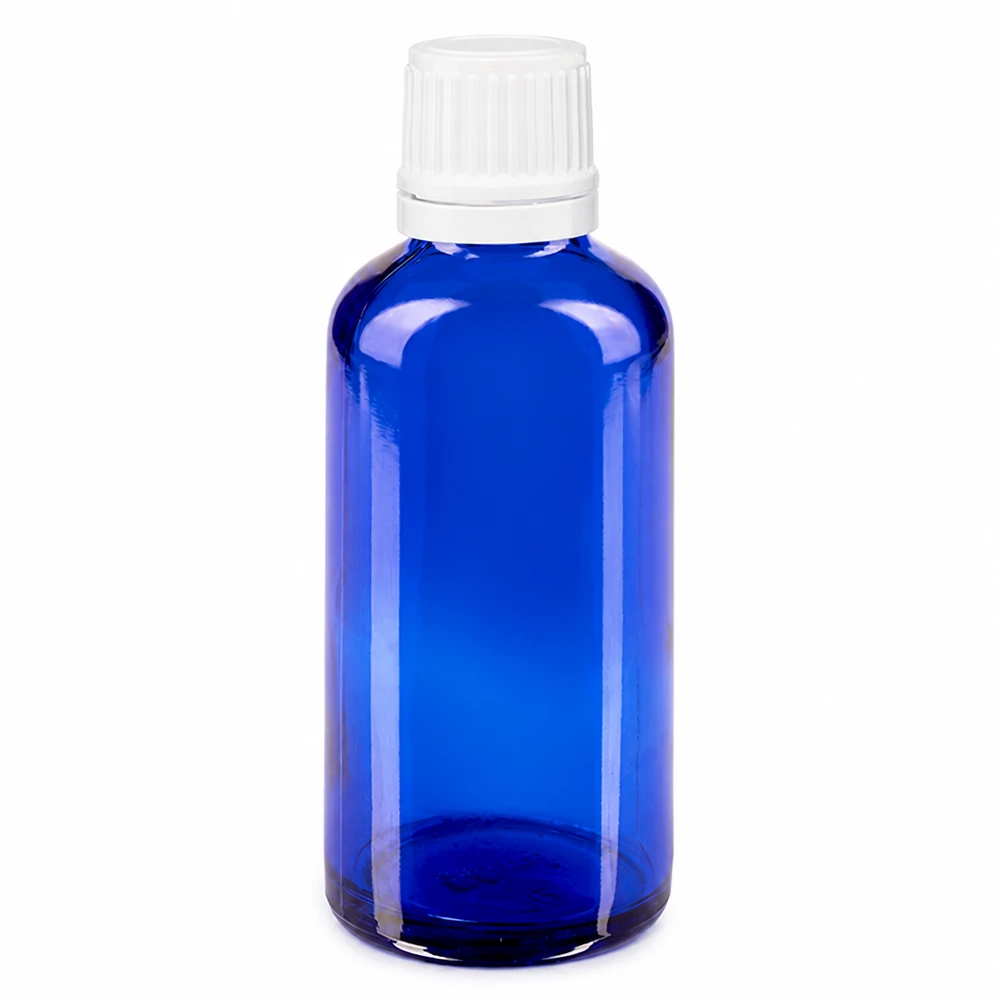 Apoteksflaska blå 50ml skruvkork vit manipulationsskyddad förslutning 50 ml blå apotekarflaska i glas med vitt skruvlock och säkerhetslock