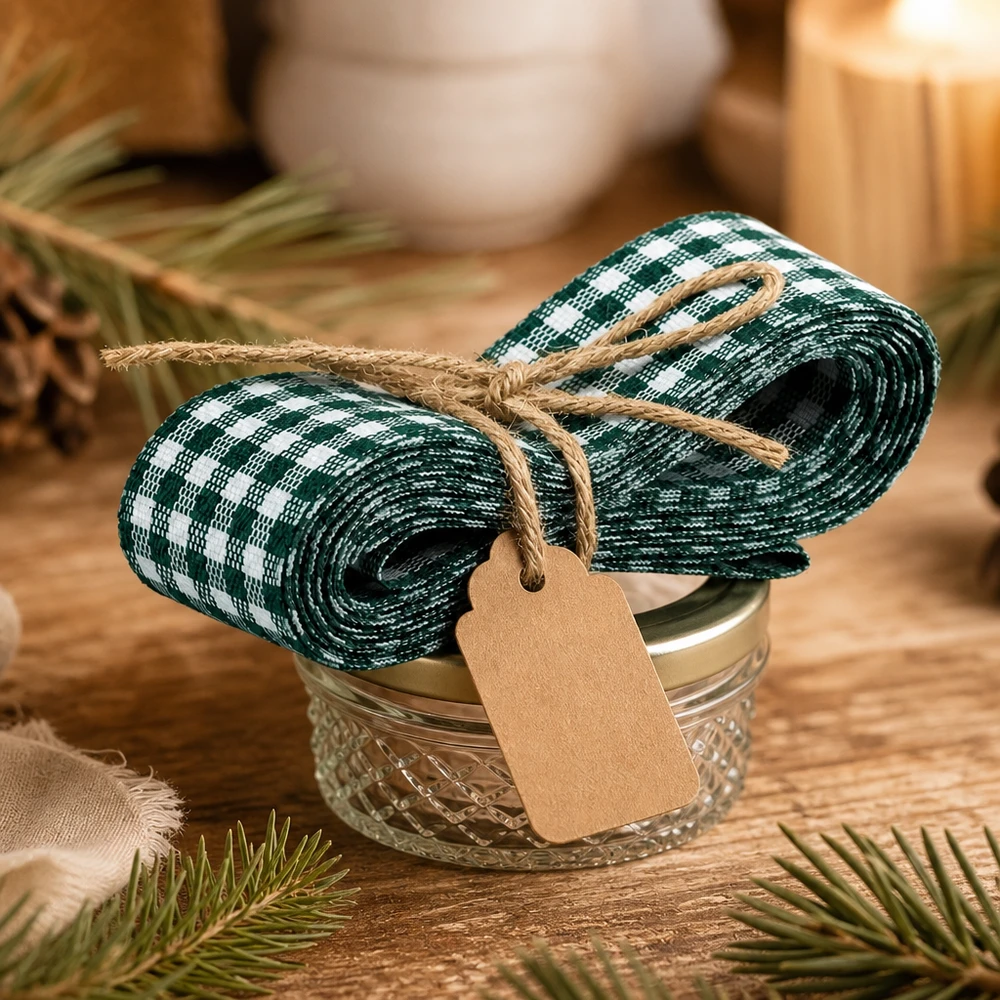 Tygband i grönt och vitt för dekoration, 300 cm Grün-weißes kariertes Stoffband 300cm mit Kraftpapier-Anhänger um Glasschale gebunden als natürliche Geschenkdeko
