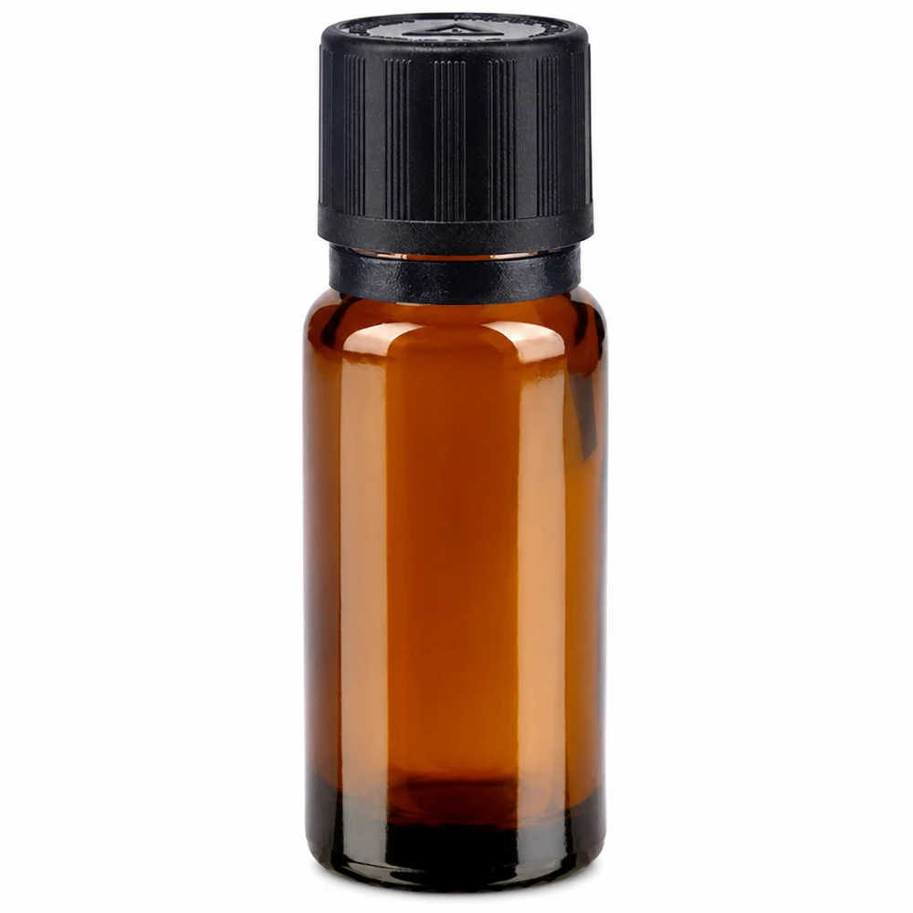 Apoteksflaska brun 10ml dropplock hällring 1mm svart barnsäkerhetslås blind varningssymbol manipuleringssäker förslutning 10 ml brun glasflaska med svart droppkork och originalförsegling för apoteksbruk